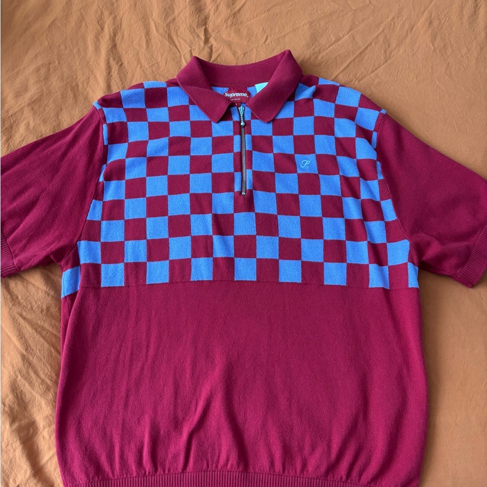Supreme Burgundy and Blue Checkered Polo Shirt